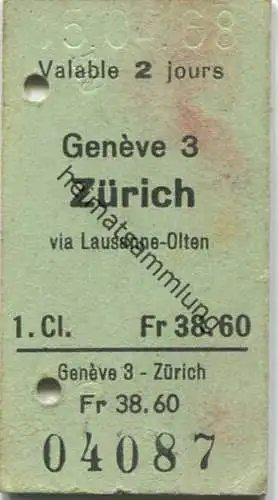 Geneve 3 - Zürich - 1. Klasse Fr. 38.60 - Fahrkarte 1968