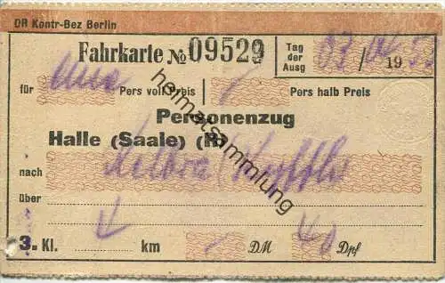 Personenzug - Halle - Kelbra - Fahrkarte 3. Klasse 1953