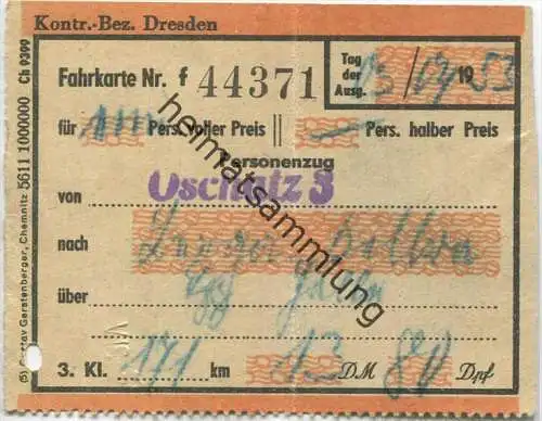 Personenzug - Oschatz - Kelbra über Leipzig Halle - Fahrkarte 3. Klasse 1953 - 13DM 80 Dpf.