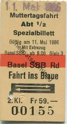 Muttertagsfahrt - Fahrt ins Blaue - Spezialbillett mit Extrazug am 11. Mai 1986 - Basel SBB ab 8:06 Gleis 3 - Fahrkarte