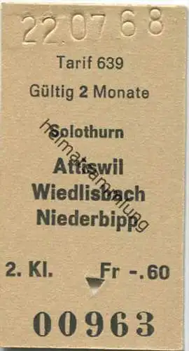 Solothurn - Attiswil - Wiedlisbach - Niederbipp - Fahrkarte 1968 Fr. -.60