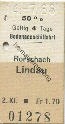 Bodenseeschiffahrt - Rorschach - Lindau - Fahrkarte 1968 50% Fr. 1.70