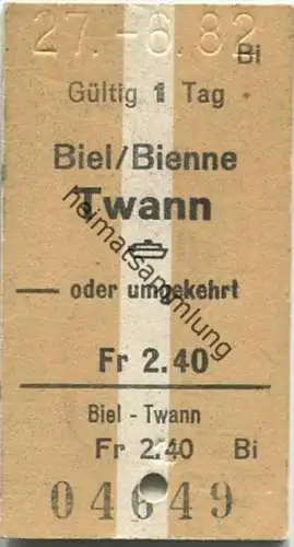 Biel/Bienne - Twann oder umgekehrt - Fahrkarte 1982 Fr. 2.40