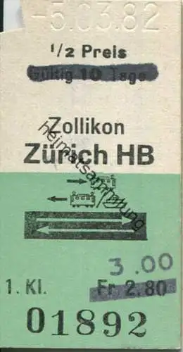 Zollikon Zürich HB und zurück - Fahrkarte 1982 1/2 Preis Fr. 3.00