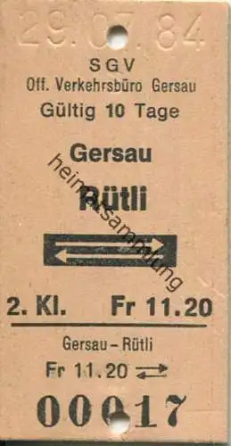 Schifffahrtsgesellschaft des Vierwaldstättersees (SGV) - Gersau - Rütli und zurück - Fahrkarte 1984 Fr. 11.20