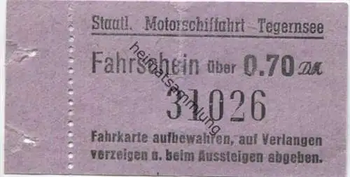 Staatliche Motorschiffahrt Tegernsee - Fahrschein 0.70DM