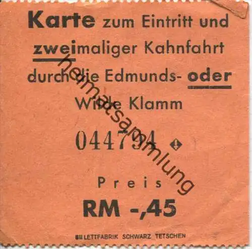 Edmunds- oder Wilde Klamm - Karte zum Eintritt und zweimaliger Kahnfahrt - Fahrschein RM-.45