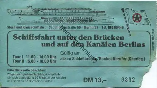 Berlin - Stern und Kreisschiffahrt - Fahrkarte DM 13,00 ab Schlossbrücke/Bonhoefferufer (Charlottenburg)