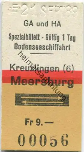 Spezialbillet - Bodenseeschiffahrt - Kreuzlingen - Meersburg und zurück - Fahrkarte Fr. 9.- 1989