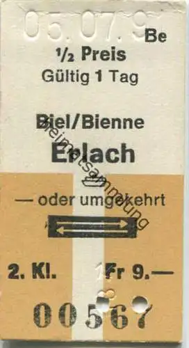 Biel/Bienne - Erlach oder umgekehrt - Fahrkarte Fr. 9.- 1991