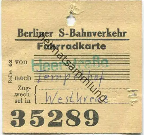 Berlin - Berliner S-Bahnverkehr - Fahrradkarte von Heerstrasse nach Tempelhof Zugwechsel in Westkreuz