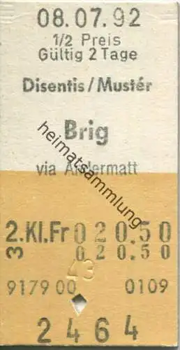 Disentis/Muster - Brig via Andermatt - Fahrkarte 1992