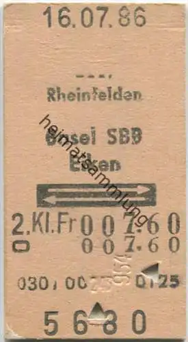 Rheinfelden - Basel SBB - Eiken und zurück - Fahrkarte 1986