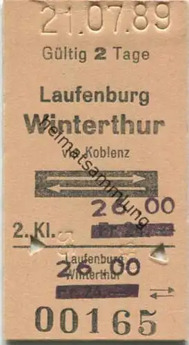 Laufenburg - Winterthur via Koblenz und zurück - Fahrkarte 1989 - Preisanpassung durch Überstempelung