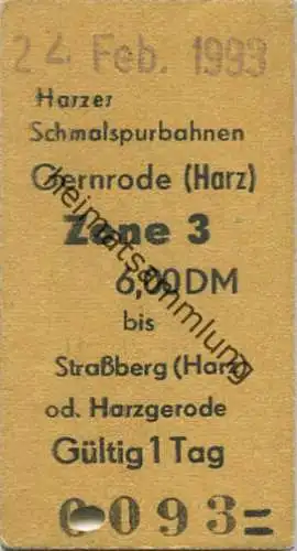 Harzer Schmalspurbahn Gernrode 1993 - Zone 3 bis Straßberg oder Harzgerode - Fahrkarte 6,00DM