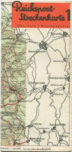 Reichspost-Streckenkarte 1 - Oberharz Brockengebirge - Kraftpostfahrpläne Sommer 1936 - Faltblatt