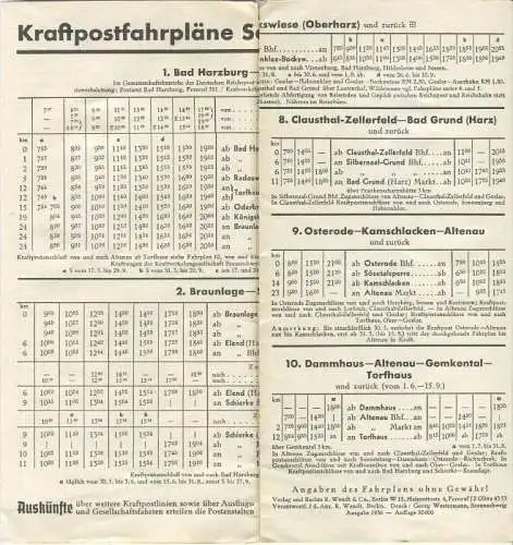 Reichspost-Streckenkarte 1 - Oberharz Brockengebirge - Kraftpostfahrpläne Sommer 1936 - Faltblatt