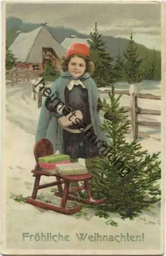 Fröhliche Weihnachten - Schlitten - Geschenke - Weihnachtsbaum - Mädchen - Rückseite beschrieben 1914