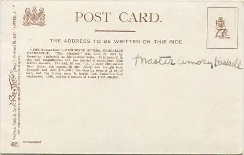 Newport R. I. -The Breakers - Residence of Mrs Cornelius Vanderbuilt - Publisher Raphael Tuck & Sons
