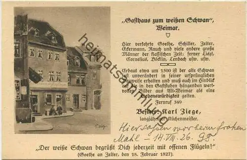 Weimar - Gasthaus zum weissen Schwan - Besitzer Karl Ziege - Verlag Friedr. Wilh. Schenker Erfurt 20er Jahre