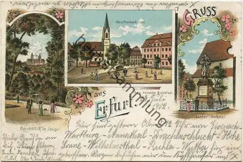 Erfurt - Durchblick im Steiger - Kaufmannskirche - Luther-Denkmal - Verlag Aug. Heinecke Rudolstadt gel. 1902