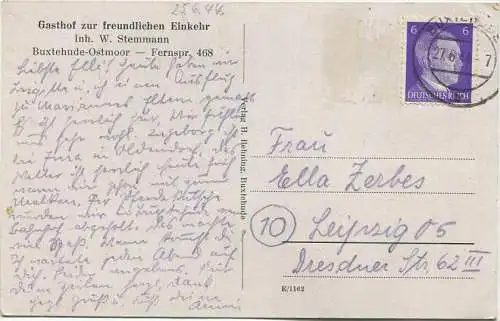 Buxtehude Ostmoor - Gasthof Zur freundlichen Einkehr W. Stemmann - Verlag H. Behning Buxtehude gel. 1944