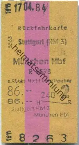 Rückfahrkarte - Stuttgart Hbf 3 nach München - Fahrkarte 2. Klasse 86,00 DM 1984
