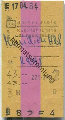 Rückfahrkarte halber Preis - Stuttgart Hbf 5 nach München - Fahrkarte 2. Klasse 43,00 DM 1984