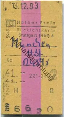 Rückfahrkarte halber Preis - Stuttgart Hbf 6 nach München - Fahrkarte 2. Klasse 41,00 DM 1983