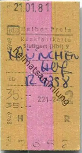 Rückfahrkarte halber Preis - Stuttgart Hbf 9 nach München - Fahrkarte 2. Klasse 35,00 DM 1981
