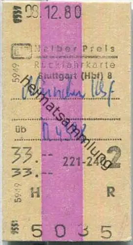 Rückfahrkarte halber Preis - Stuttgart Hbf 8 nach München - Fahrkarte 2. Klasse 33,00 DM 1980