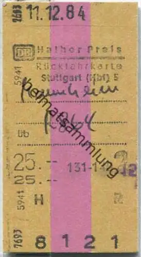 Rückfahrkarte halber Preis - Stuttgart Hbf 5 nach Mannheim - Fahrkarte 2. Klasse 25,00 DM 1984