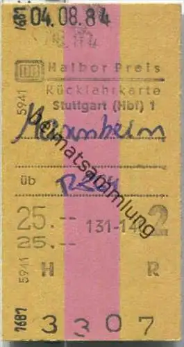 Rückfahrkarte halber Preis - Stuttgart Hbf 1 nach Mannheim - Fahrkarte 2. Klasse 25,00 DM 1984