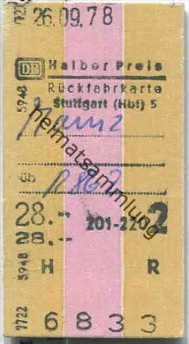 Rückfahrkarte halber Preis - Stuttgart Hbf 5 nach Mainz - Fahrkarte 2. Klasse 28,00 DM 1978