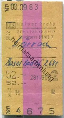 Rückfahrkarte halber Preis - Stuttgart Hbf 7 nach Lörrach - Fahrkarte 2. Klasse 52,00 DM 1983
