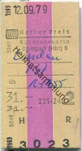 Rückfahrkarte halber Preis - Stuttgart Hbf 5 nach Lindau - Fahrkarte 2. Klasse 31,00 DM 1979