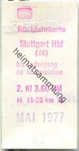 Rückfahrkarte - Stuttgart Hbf 28 nach Ludwigsburg - Fahrkarte 2. Klasse 3,60 DM 1977