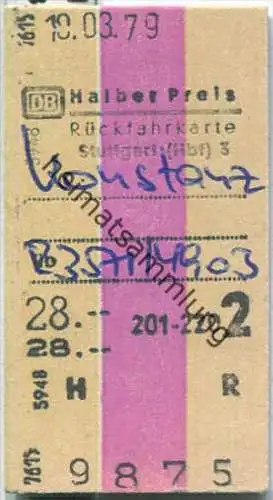 Rückfahrkarte halber Preis - Stuttgart Hbf 3 nach Konstanz - Fahrkarte 2. Klasse 28,00 DM 1979