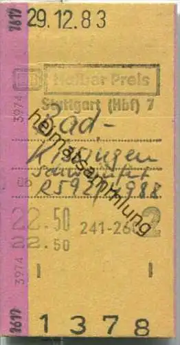Fahrkarte halber Preis - Stuttgart Hbf 7 nach Bad Kissingen - Fahrkarte 2. Klasse 22,50 DM 1983