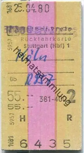 Rückfahrkarte halber Preis - Stuttgart Hbf 1 nach Köln - Fahrkarte 2. Klasse 55,00 DM 1980