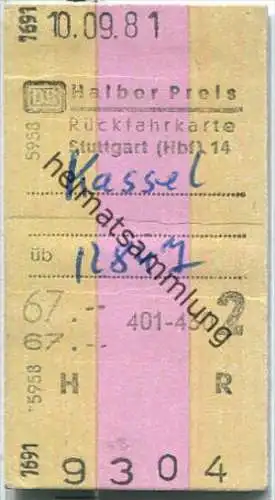 Rückfahrkarte halber Preis - Stuttgart Hbf 14 nach Kassel - Fahrkarte 2. Klasse 67,00 DM 1981