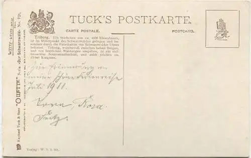 Triberg - Künstlerkarte J. Günther Berlin - Verlag Tucks Oilette - Rückseite beschrieben 1911