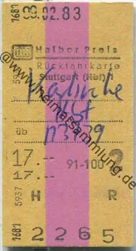 Rückfahrkarte halber Preis - Stuttgart Hbf 1 nach Karlsruhe - Fahrkarte 2. Klasse 17,00 DM 1983