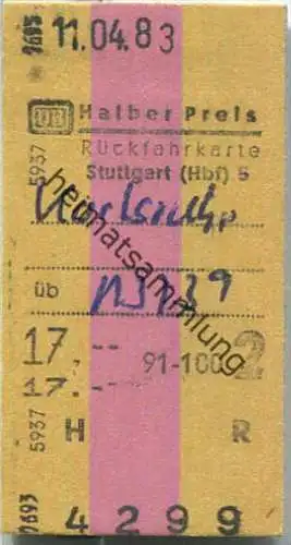 Rückfahrkarte halber Preis - Stuttgart Hbf 5 nach Karlsruhe - Fahrkarte 2. Klasse 17,00 DM 1983