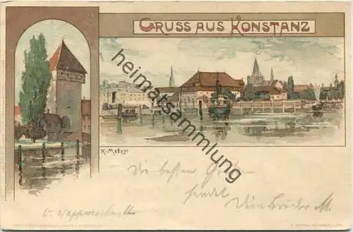 Konstanz - Künstlerkarte signiert K. Mutter - Verlag Velten Karlsruhe gel. 1899