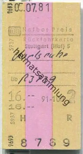 Rückfahrkarte halber Preis - Stuttgart Hbf 5 nach Karlsruhe - Fahrkarte 2. Klasse 16,00 DM 1981