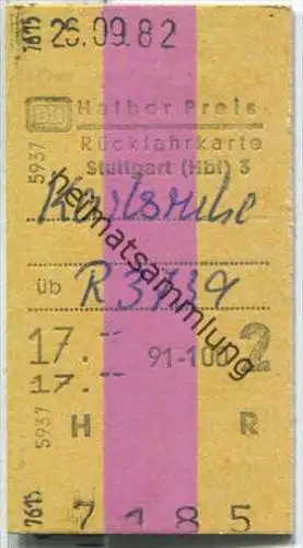 Rückfahrkarte halber Preis - Stuttgart Hbf 3 nach Karlsruhe - Fahrkarte 2. Klasse 17,00 DM 1982