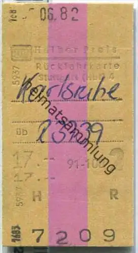 Rückfahrkarte halber Preis - Stuttgart Hbf 4 nach Karlsruhe - Fahrkarte 2. Klasse 17,00 DM 1982