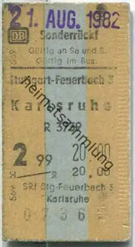 Sonderrückfahrkarte - Stuttgart Feuerbach 2 nach Karlsruhe - Fahrkarte 2. Klasse 20,00 DM 1982