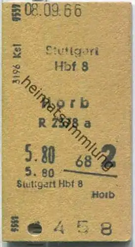 Fahrkarte - Stuttgart Hbf 8 nach Horb - Fahrkarte 2. Klasse 5,80 DM 1966